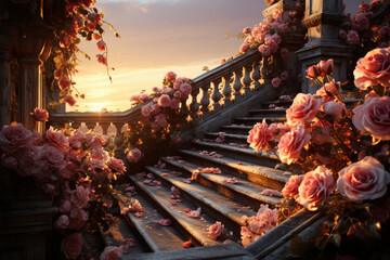 Stairs adorned with roses, flowers at sunset Generative AI