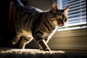 a striped cat is walking on a rug in front of a window