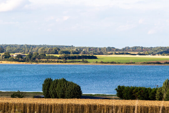 Landscape view of river and fields, Image shows the evening view of a part harvested field overlooking a calm river in Wrabness, UK July 2023