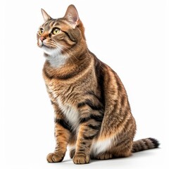 a striped tabby cat sitting down on a white background