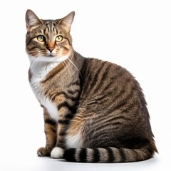 a striped tabby cat sitting on a white background
