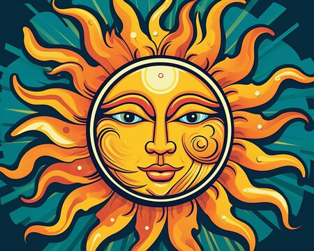 a sun with a face and eyes on a blue background