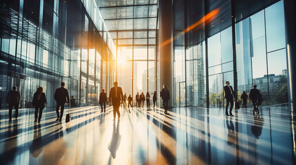 Business people walking in big glass lobby with beautiful morning sun lights reflection. Office skyscraper entrance hall