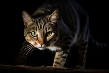 Obraz premium a tabby cat is walking in the dark