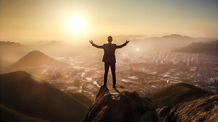 Fototapeta premium Successful businessman stays on top of mountain and looking down to City and sunrise at horizon. 