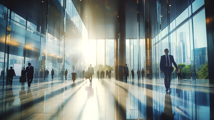 Business people walking in big glass lobby with beautiful morning sun lights reflection. Office skyscraper entrance hall