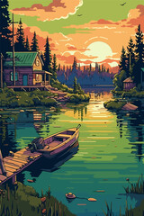 sunset on the river, boat on the river, illustration, house in the river