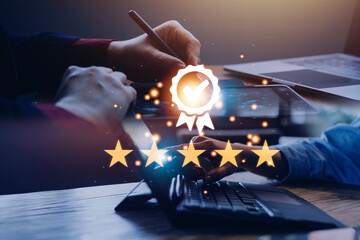 .Hand shows the sign of the top service Quality assurance, Guarantee, Standards, ISO certification...