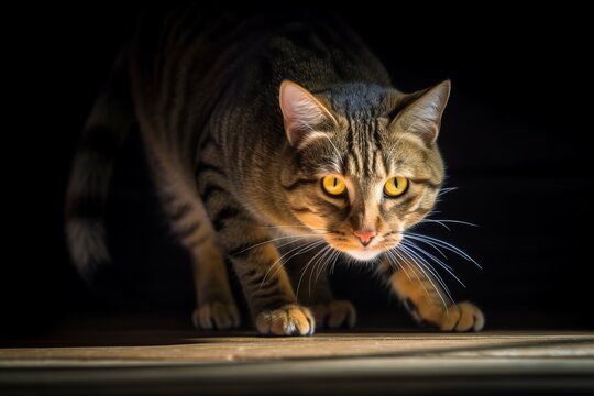 a tabby cat is walking in the dark