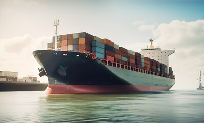 Container ship getting to port. Cargo, transportation, supply and  economy idea - obrazy, fototapety, plakaty