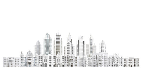 City background made of paper cut periodic buildings and modern skyscrapers with space for text. 