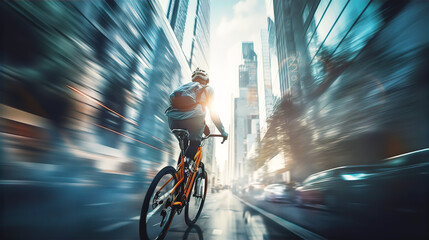 People cycling in City. Commuting, healthy life style, eco friendly transport. Multiple exposure, motion blur image
