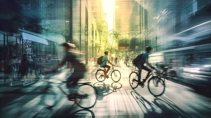 Fototapete Dämmerung People cycling in City. Commuting, healthy life style, eco friendly transport. Multiple exposure, motion blur image