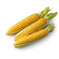Three fresh ears of corn, full of ripe golden kernels, showcasing health, farm-fresh produce, and summer's bounty, isolated on a white background