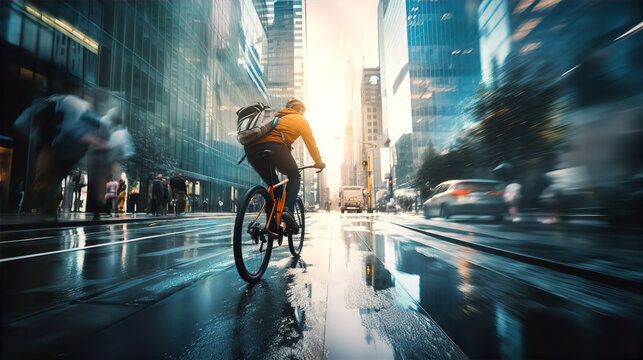 People cycling in City. Commuting, healthy life style, eco friendly transport. Multiple exposure, motion blur image