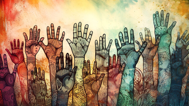 Beautiful artistic background with many humans hands raise up. Togetherness, happiness, celebrations idea
