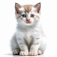 a white and brown kitten sitting in front of a white background
