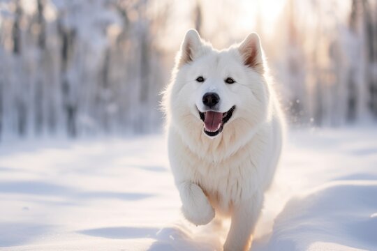 a white dog running in the snow