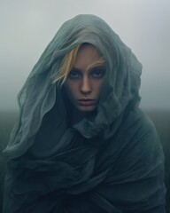 a woman covered in a blanket is standing in the middle of a field