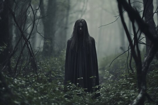 a woman in a black cloak standing in the middle of a dark forest