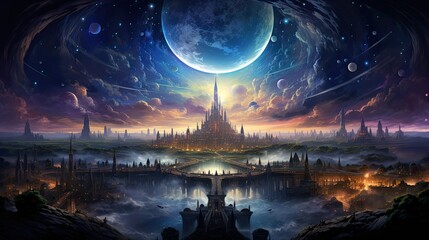 Epic panorama scene vision with epic celestial city in the galaxy - obrazy, fototapety, plakaty