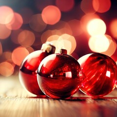 Red Christmas glass balls on wooden table against the background of defocus from the lights