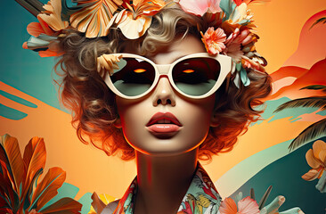 Fototapeta na wymiar Retro style pastel colors summer background. Fashion woman wearing big sunglasses. Generative AI