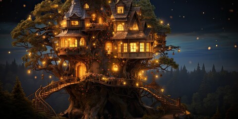 Fantasy tree house with lights. 
