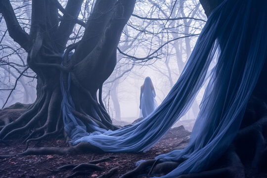 a woman in a blue dress stands in the middle of a dark forest