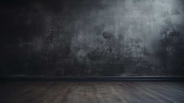 Black wall in dark colors. Wooden floors. Beautiful background.