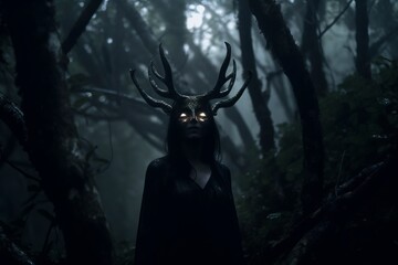 a woman in a forest with horns on her head