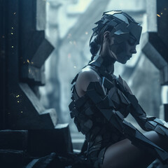 a woman in a futuristic outfit sitting on a ledge - obrazy, fototapety, plakaty