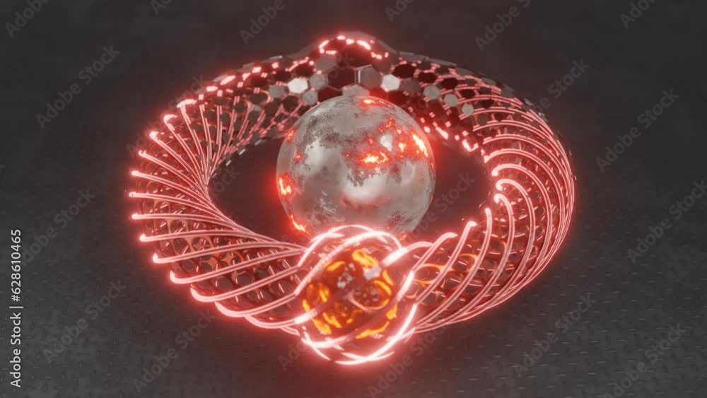 Poster loop 3d animation of a fantastic ring made of many hexagonal elements. clumps of plasma and energy a