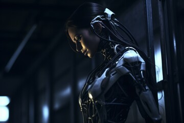Fototapeta na wymiar a woman in a futuristic suit standing in a dark room