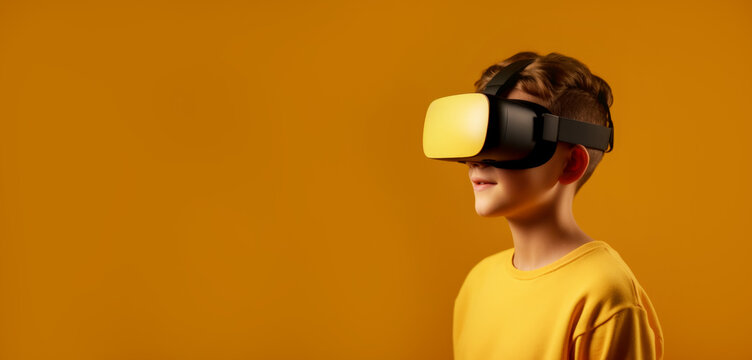 Banner with European boy wearing virtual reality glasses, VR headset, smiling and standing over isolated yellow background