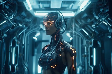 a woman in a futuristic suit with glowing eyes