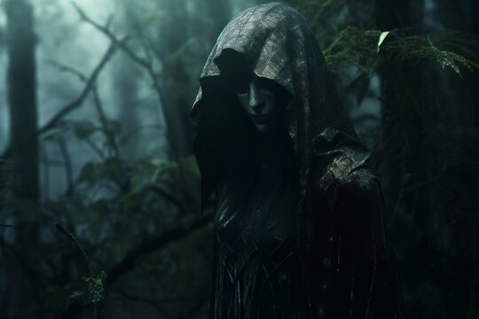 a woman in a hooded robe stands in the middle of a dark forest