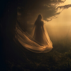 a woman in a long white dress is walking through a foggy forest