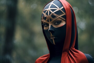 a woman in a red and black costume with a gold mask