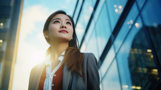 Looking up, business woman, Nepalese woman and team , office room and tower view .tower of business district , Hight Tower view Asia background