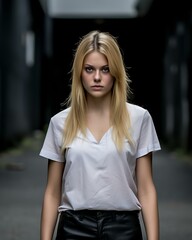 a woman in a white shirt and black leather pants standing in an alleyway