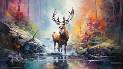 Oil painting abstract  stag with big antlers.