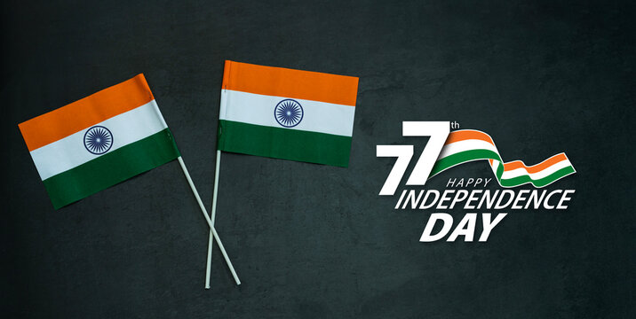 Happy Independence day banner design, Indian flag isolated on dark grey background with 77th Independence day letter
