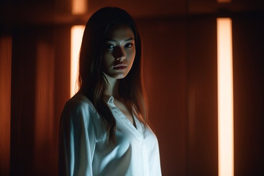 a woman in a white shirt standing in a dark room