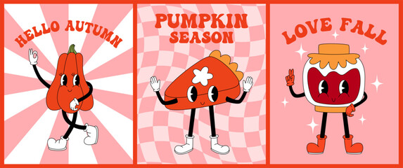 Set 70s, 80s groovy posters, retro print with hippie pumpkin, pumpkin pie, jar of jam. Cartoon psychedelic landscape, vintage funky print. Pumpkin season, love fall, hello autumn text.