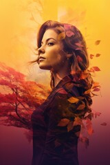 a woman is in the middle of an autumn scene