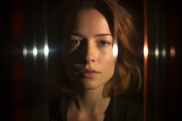 Fototapeta premium a woman is looking at the camera in a dark room
