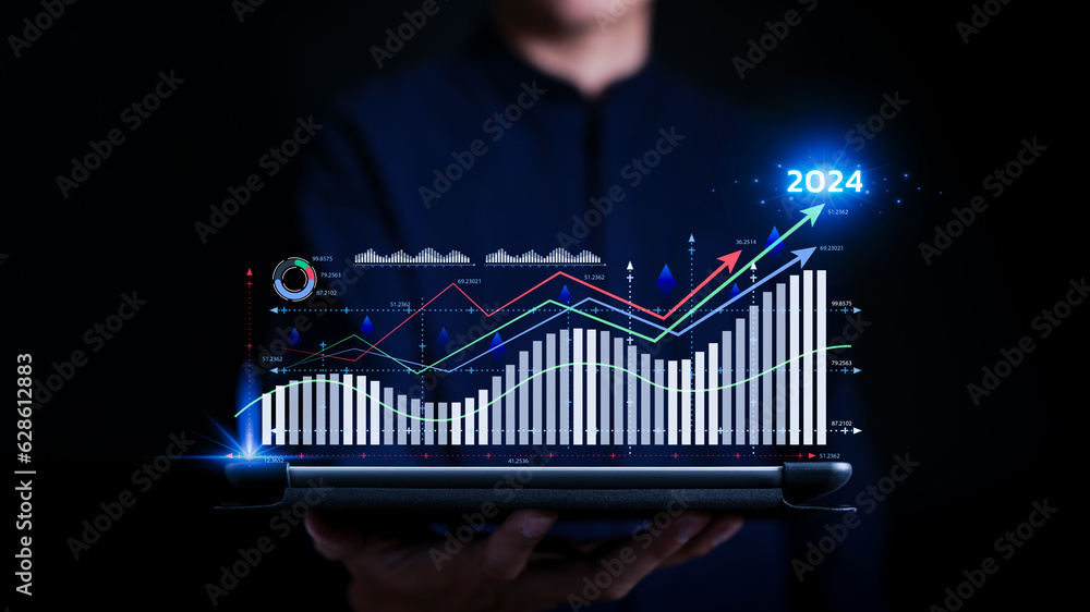 Poster corporate business figures and future growth arrow chart 2024 year. analyst work in business analyti