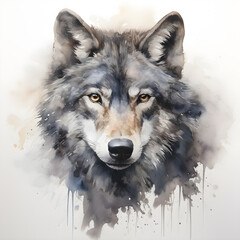 Watercolor portrait of a wolf in the forest. Sketchy, graphical, color portrait of a wolf head on a white background. Generated AI illustration.