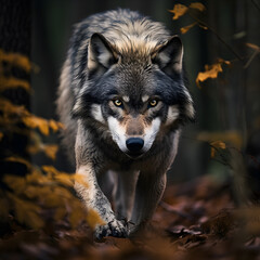 Fototapeta premium Portrait of a wolf in the forest. Wolf in the autumn forest. Wolf animal illustration, nature conservation vector. Generated AI illustration.